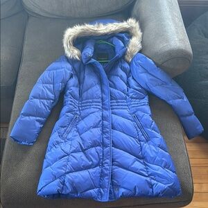 Talbots Blue Puffer Coat with Faux Fur Hood